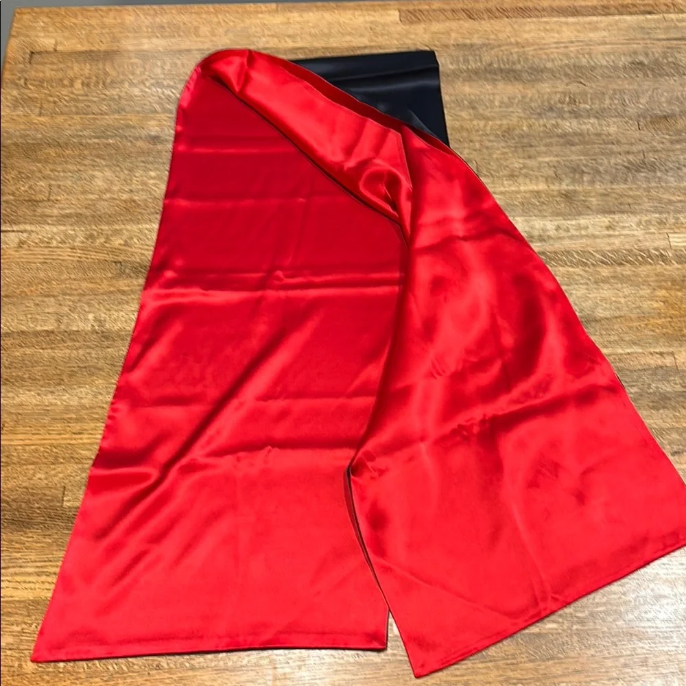 Black Silk Scarf with Embroidered Butterflies and Red Backing. 12” x 64”